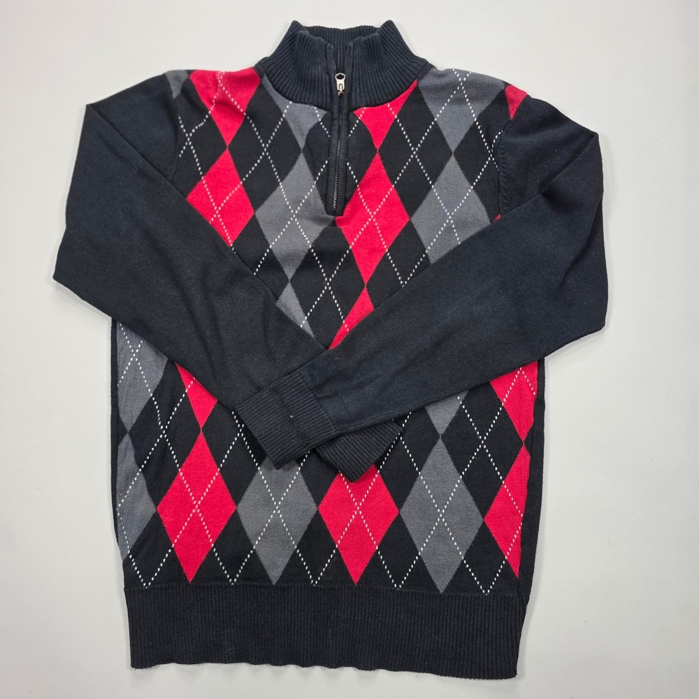 Carbon Sweater Men's 1/4 Zip Argyle Pullover Black Red Gray L